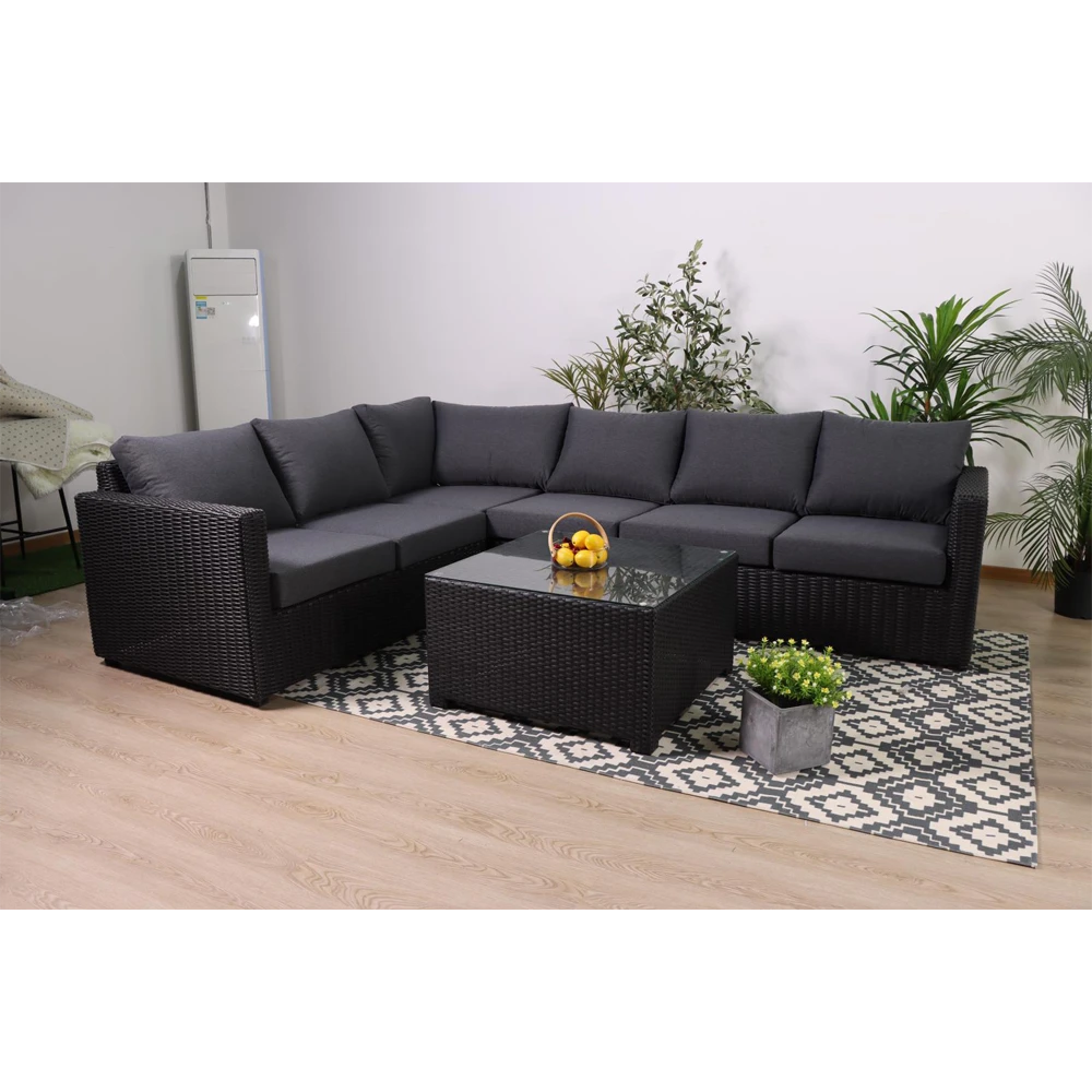 Ottoman Loungeset Met Salontafel - Wicker Set - Zwart 3 Ottoman Loungeset Met Salontafel - Wicker Set - Zwart